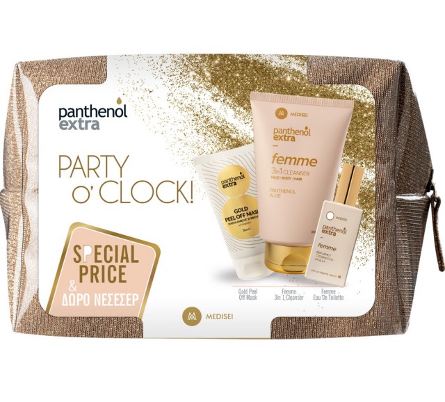 Panthenol Extra Set Party O'Clock Gold Femme 3in1 Cleanser Καθαριστικό 200ml + Femme Eau de Toilette Γυναικείο Άρωμα 50ml + Gold Peel Off Mask Μάσκα Άμεσης Σύσφιξης 75ml + Δώρο Χρυσό Νεσεσέρ 1τμχ