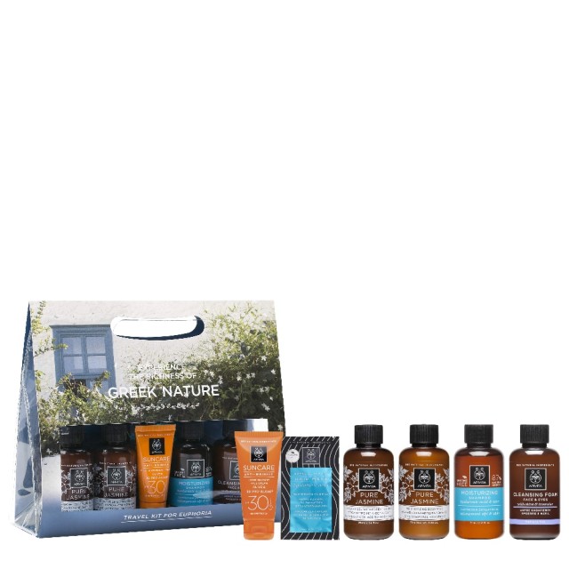 Apivita Experience the Richness of Greek Nature Travel Kit for Euphoria With Moisturizing Shampoo 75ml + Pure Jasmine Shower Gel 75ml + Pure Jasmine Moisturizing Body Milk 75ml + Cleansing Foam Face & Eyes 75ml + Suncare Anti-Wrinkle Face Cream SPF30 15ml