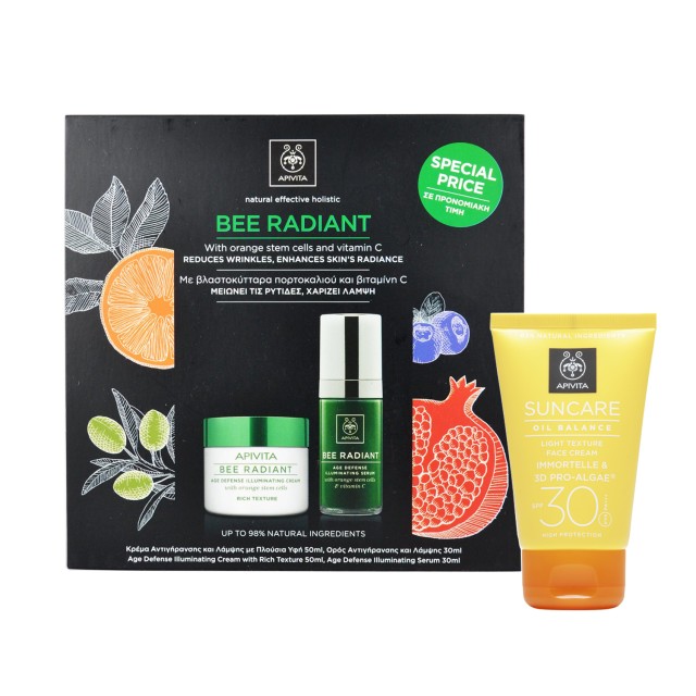 Apivita Promo Bee Radiant Κρέμα Αντιγήρανσης και Λάμψης Πλούσια Υφή 50ml + Serum Bee Radiant 30ml + Apivita Suncare Oil Balance Light Texture Face Cream SPF30 με Eλίχρυσο & ΔΩΡΟ Apivita Cleansing αφρόςκαθαρισμού προσώπου & μάτια με ελιά και λεβάντα 200ml