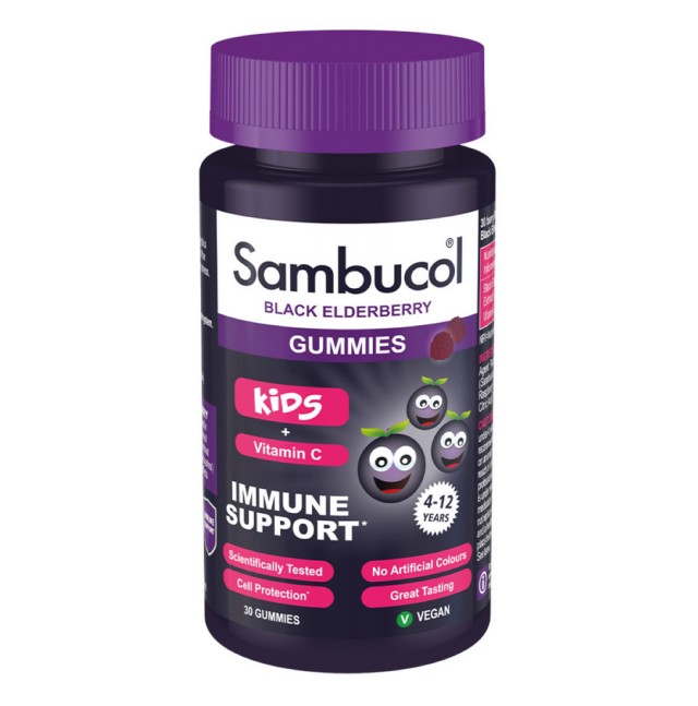 Sambucol Black Elderberry Kids + Vitamin C Παιδικές Βιταμίνες για το Ανοσοποιητικό με Γεύση Σμέουρο 30gummies