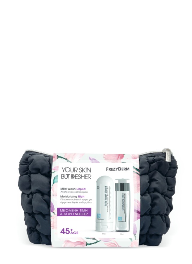 Frezyderm Set Your Skin But Fresher 45+ Age Moisturizing Rich Cream 45+ Ενυδατική Κρέμα Προσώπου για Ξηρό Δέρμα 50ml + Mild Wash Liquid Απαλό Υγρό Καθαρισμού για Kανονικές & Eυαίσθητες Eπιδερμίδες 200ml + Δώρο Νεσεσέρ 1τμχ