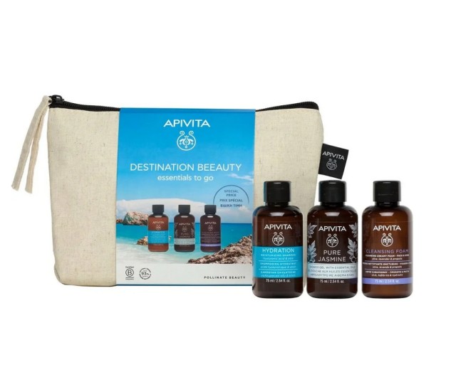 Apivita Set Destination beeauty Essentials to Go Pure Jasmine Gel Douche 75ml + Σαμπουάν Ενυδάτωσης 75ml + Αφρός Καθαρισμού Πρόσωπο & Μάτια 75ml