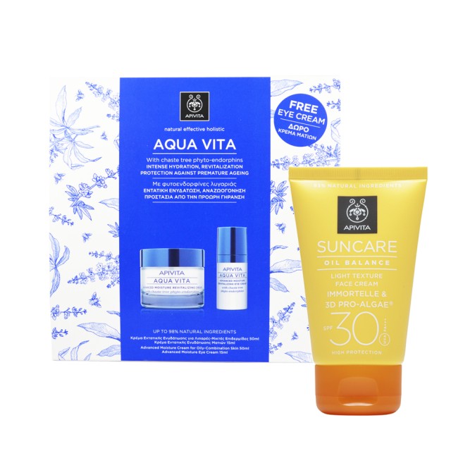 Aqua Vita Κρέμα Εντατικής Ενυδάτωσης για Λιπαρές-Μικτές Επιδερμίδες 50ml & Δώρο Aqua Vita Κρέμα Εντατικής Ενυδάτωσης Ματιών 15ml + Apivita Suncare Oil Balance Light Texture Face Cream SPF30 με Eλίχρυσο & 3D PRO-ALGAE® 50ml ΔΩΡΟ Apivita Cleansing αφρός 200