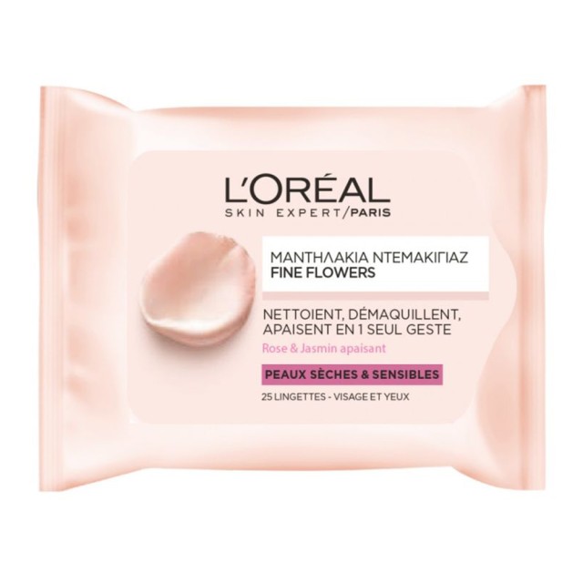 L'Oreal Paris Fine Flowers Wipes - Μαντηλάκια Καθαρισμού Fine Flowers για Ξηρή & Ευαίσθηση Επιδερμίδα 25τμχ