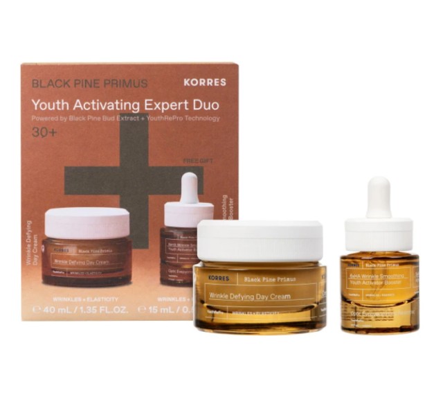 Korres Set Black Pine Primus Youth Activating Expert Duo με Black Pine Primus Wrinkle Defying Day Cream Κρέμα Νεότητας Ημέρας για Λείανση Ρυτίδων & Ελαστικότητα 40ml & Δώρο 6xHA Wrinkle Smotthing Youth Activator Ορός Ενεργοποίησης Νεότητας 15ml