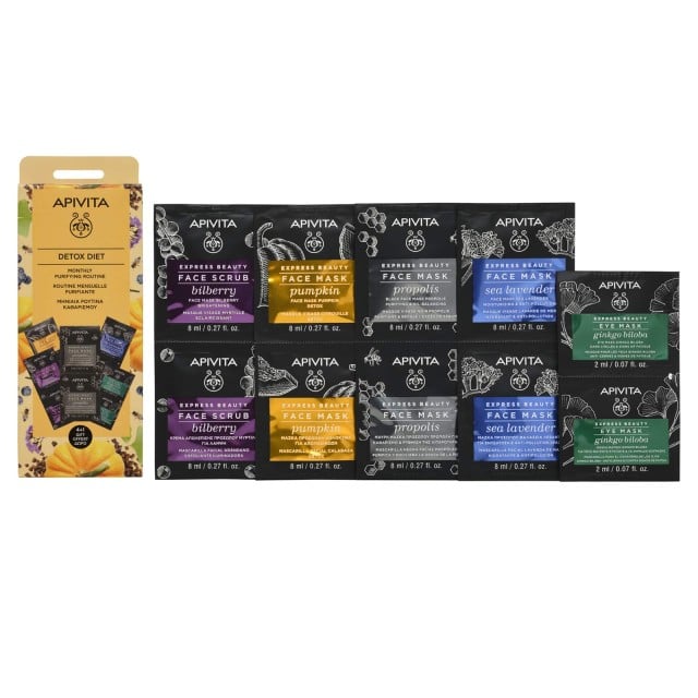 Apivita Set Detox Diet Apivita Express Beauty New Face Mask Propolis 2x8ml + Apivita Express Beauty New Face Scrub Bilberry 2x8ml + Apivita Express Beauty New Face Mask Pumpkin 2x8ml + Apivita Express Beauty New Face Mask Sea Lavender 2x8ml + Apivita Expr