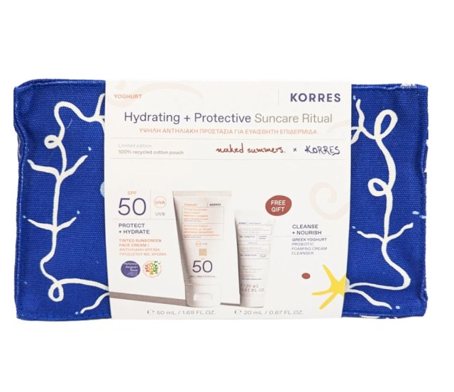 Korres Set Hydrating & Protective Suncare Ritual Υψηλή Αντηλιακή Προστασία με Yoghurt Tinted Αντηλιακή Κρέμα Προσώπου με Χρώμα SPF50, 50ml, Greek Yoghurt Αφρώδης Κρέμα Καθαρισμού με Προβιοτικά, 20ml & Δώρο Naked Summers x Korres Νεσεσέρ