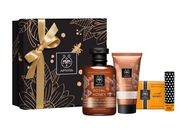 Apivita Royal Honey Gift Set - Creamy Shower Gel with Essential Oils with Honey 300ml + Rich Moisturizing Body Cream with Honey 200ml + Natural Soap with Honey 125gr + Eco Bio Lip Care Gluten-Free with Honey 4,4gr