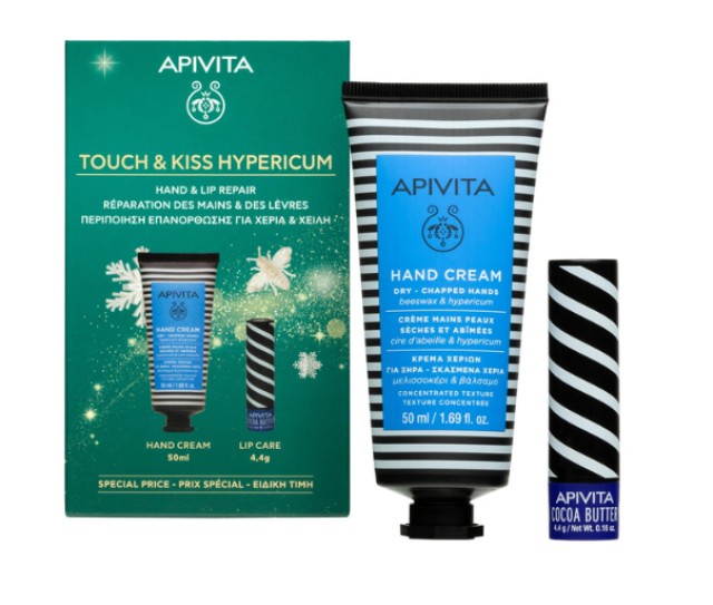 Apivita Set Touch & Kiss Hypericum με Κρέμα Χεριών με Βάλσαμο & Μελισσοκέρι για Ξηρά Σκασμένα Χέρια 50ml & Balm Χειλιών με Βούτυρο Κακάο SPF20 4.4g