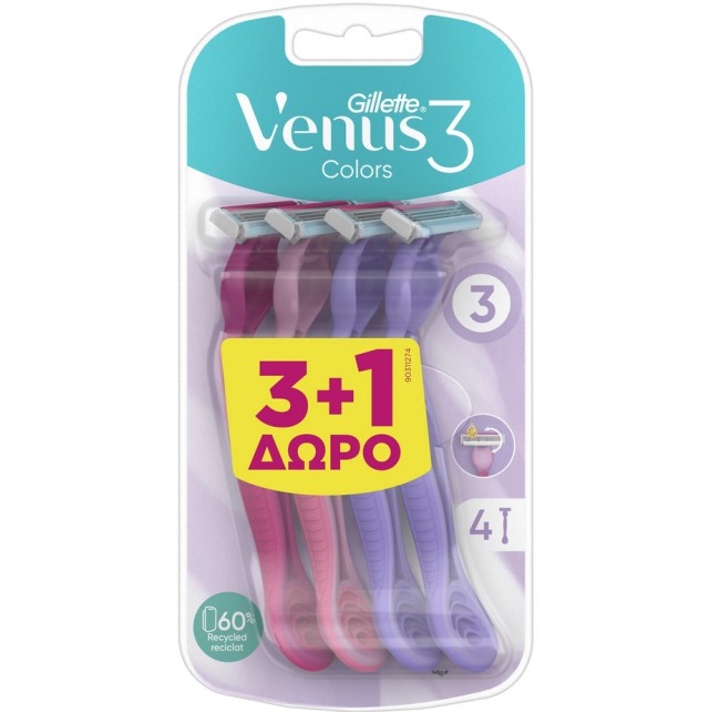 Gillette Venus 3 Colors Γυναικεία Ξυραφάκια μιας Χρήσης 4τμχ (3+1 Δώρο)