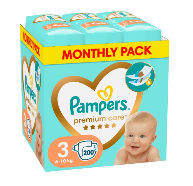 Pampers Premium Care Μέγεθος 3 Monthly Pack 6-10kg 200 Πάνες