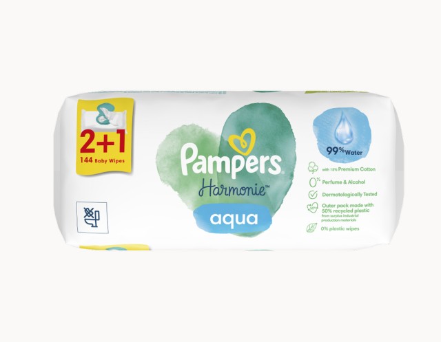 Pampers Harmonie Aqua Baby Wipes Μωρομάντηλα 2+1 Δώρο 144τμχ