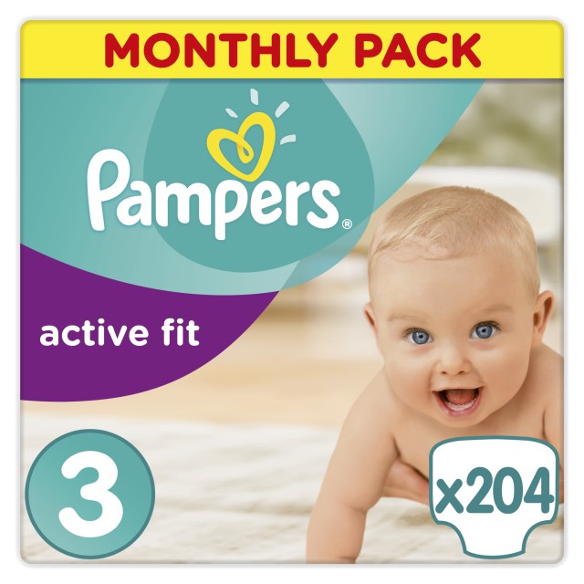 PAMPERS ΠΑΝΕΣ Active Fit Monthly Pack Midi 204 τεμ. Νο 3 (4-9kg)