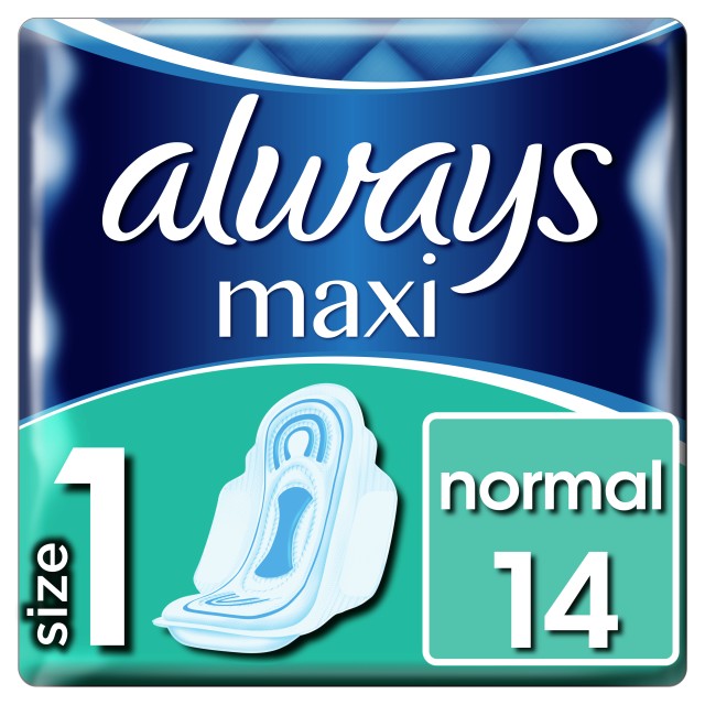 Always Maxi Normal (Μέγ.1) Σερβιέτες Με Φτερά, 14 Τμχ, Πλαϊνά Κατά Των Διαρροών, Προστασία Και Άνεση, Ατομική Συσκευασία