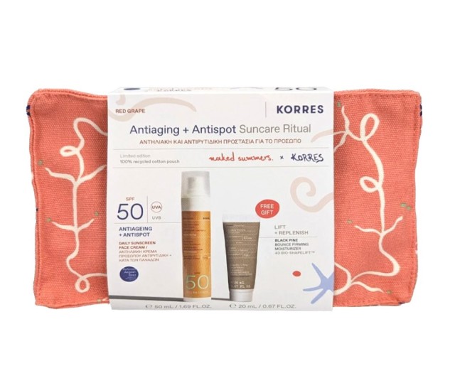 Korres Set Antiaging & Antispot Suncare Ritual Αντηλιακή & Αντιρυτιδική Προστασία με Red Grape Αντηλιακή Κρέμα Προσώπου SPF50, 50ml, Black Pine Κρέμα Ημέρας για Σύσφιξη & Lifting, 20ml & Δώρο Naked Summers x Korres Νεσεσέρ