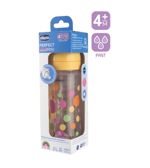 Chicco Perfect Easy Πλαστικό Μπιμπερό με Θηλή Σιλικόνης Γρήγορη Ροή 4m+ Πορτοκαλί 330ml