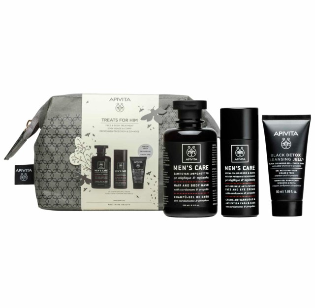Apivita Set Treats For Him Men's Care Κρέμα Προσώπου και Ματιών Κατά των Ρυτίδων και της Κούρασης με Κάρδαμο & Ππόπολη 50ml + Men's Care Σαμπουάν Αφρόλουτρο 250ml + Black Cleansing Gel Face and Eyes 50ml