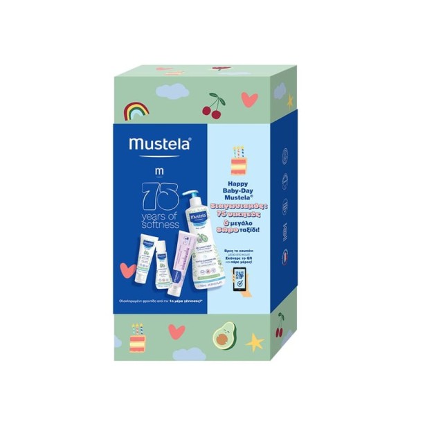 Mustela Set Happy Baby-Day 75 Years- Bebe Gentle Cleansing Gel Απαλό Αφροντούς 750ml, Hydra Bebe Κρέμα Ενυδάτωσης Προσώπου 40ml, 23 Κρέμα Αλλαγής Πάνας 100ml & Δώρο Hydra Bebe Ενυδατικό Γαλάκτωμα Σώματος 50ml