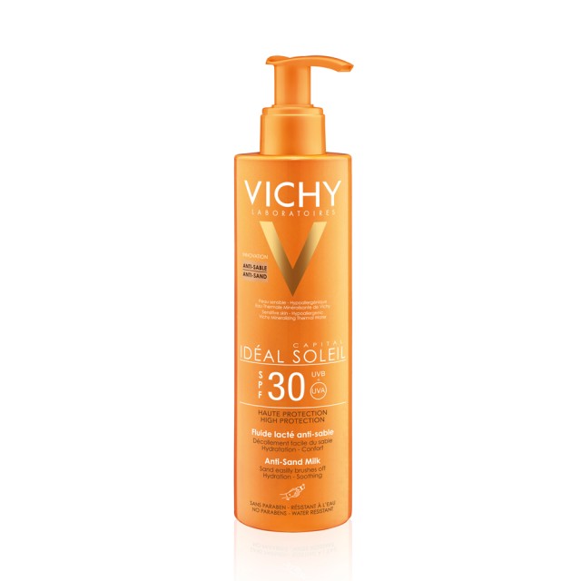 Vichy Ideal Soleil SPF30 Αντιηλιακό Γαλάκτωμα που απομακρύνει την Άμμο από την επιδερμίδα για Σώμα & Πρόσωπο 200ml