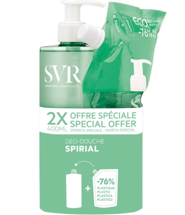 SVR Laboratoire Set Spirial Deo-Douche Intense Freshness 24h Deodorizing Cleansing Gel Καθαριστικό Σώματος για Πρόσωπο & Σώμα & Μαλλιά & Ευαίσθητη Περιοχή 400ml & Δώρο Refill 400ml