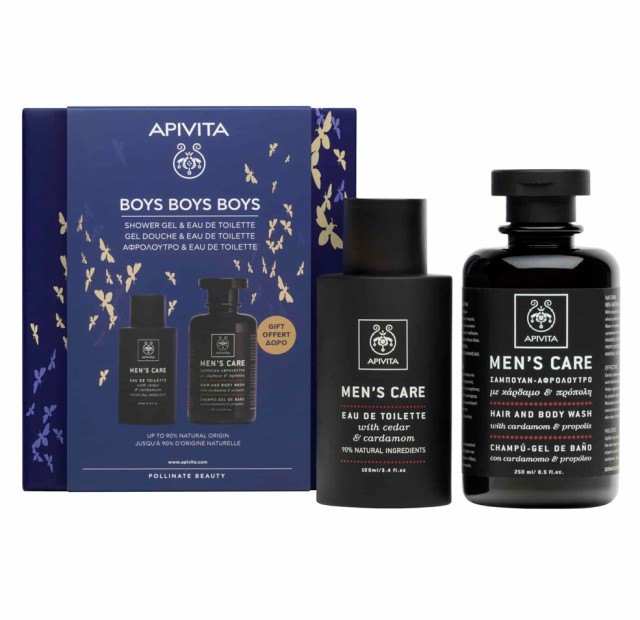 Apivita Set Boys Boys Boys Eau De Toilette με Κέδρο & Κάρδαμο 100ml + Δώρο Men's Care Σαμπουάν και Αφρόλουτρο 250ml