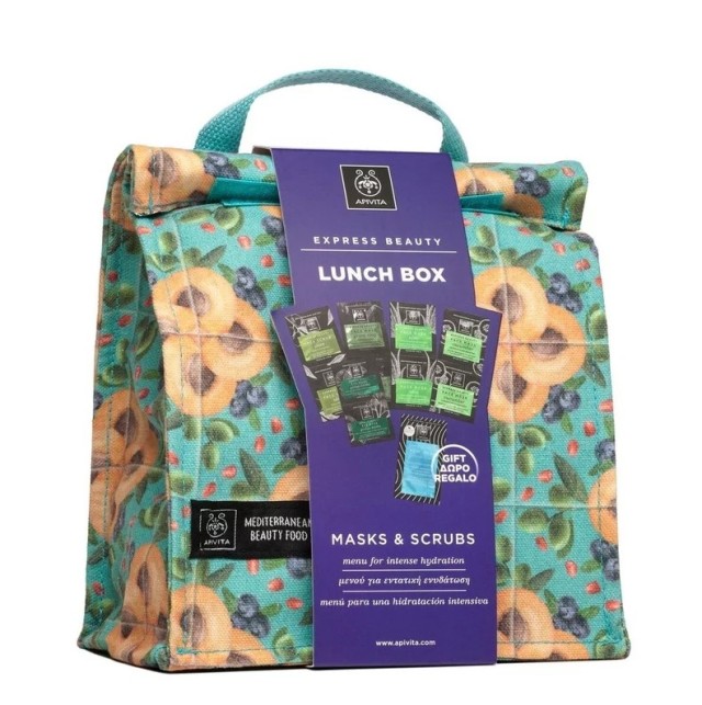 Apivita Set Express Beauty Lunch Box Scrub Ελιά 2x8ml + Μάσκα Πράσινη Άργιλος 2x8ml + Μάσκα Αλόη 2x8ml + Μάσκα Αγγούρι 2x8ml + Μάσκα Ματιών Gingo Biloba 2x2ml + Δώρο Μάσκα Μαλλιών με Υαλουρονικό Οξύ 20ml