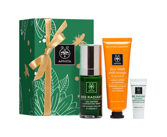 Apivita Face Radiance Gift Set - Bee Radiant Age Defense Illuminating Serum with Orange Stem Cells & Vitamin C 30ml + Radiance Face Mask with Orange 50ml + Bee Radiant Age Defense Illuminating Cream Light Texture with Orange Stem Cells 5ml