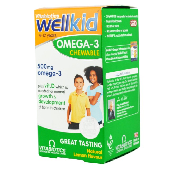 VITABIOTICS Wellkid Omega-3 Chewable 500mg, Συμπλήρωμα Διατροφής για Παιδιά με Γεύση Λεμόνι, 60 Μασώμενες Κάψουλες