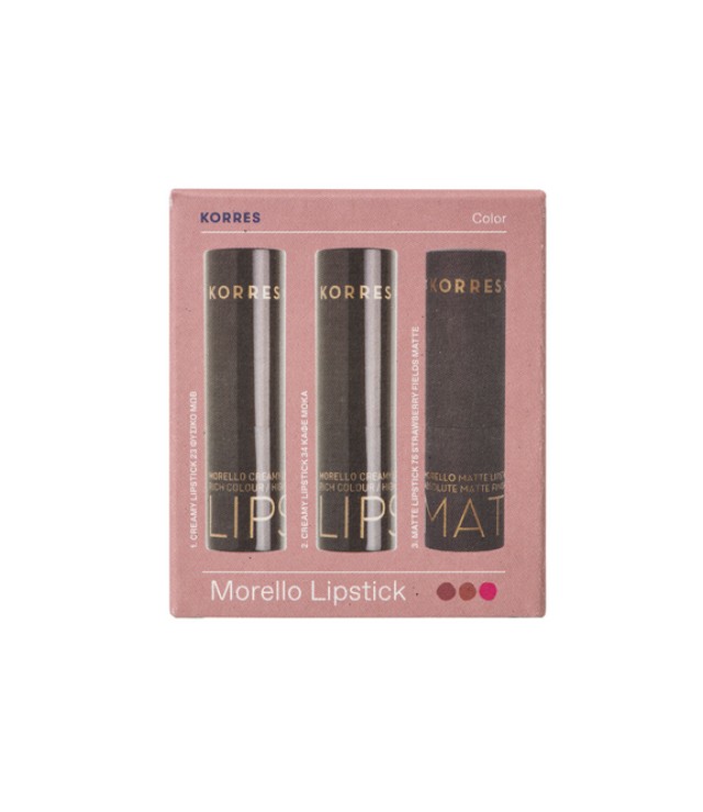 Korres Set Morrello Lipstick Creamy Lipstick 23 Φυσικό Μώβ 3,5g + 34 Κάφε Μόκα 3.5g + Matte Lipstick 75 Strawberry Fields Matte 3.5g