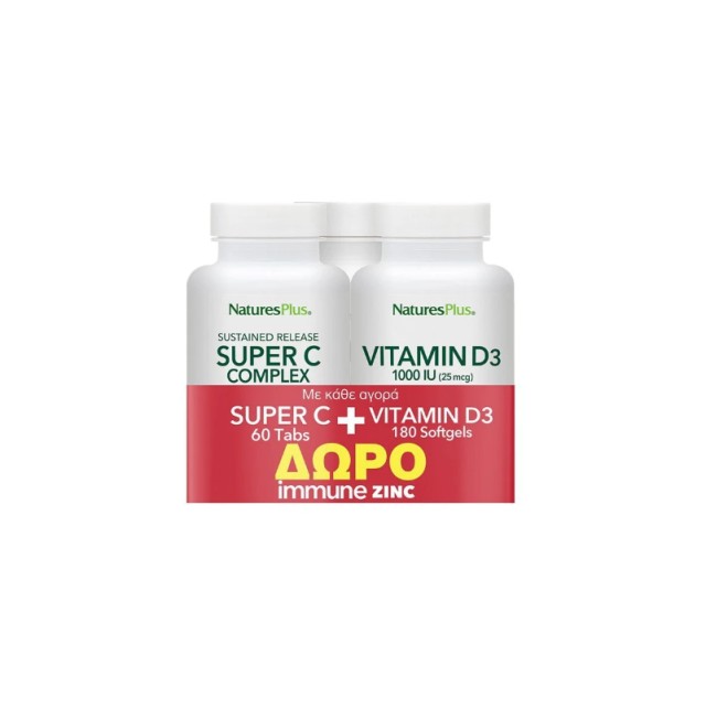 Natures Plus Set Super C 60tabs & Vitamin D3 180softgels Με Δώρο Immune Zinc 60tabs