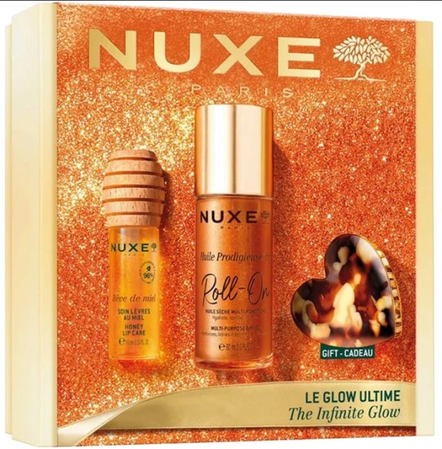 Nuxe Set the Infinity Glow-Huile Prodigieuse Or Ιριδίζον Ξηρό Λάδι για Πρόσωπο Σώμα & Μαλλιά σε Roll On 60ml + Honey Lip Care Reve De Miel Honey Lip Care Oil Gloss για Ενυδάτωση Χειλιών 10ml & Δώρο Κλιπ Μαλλιών