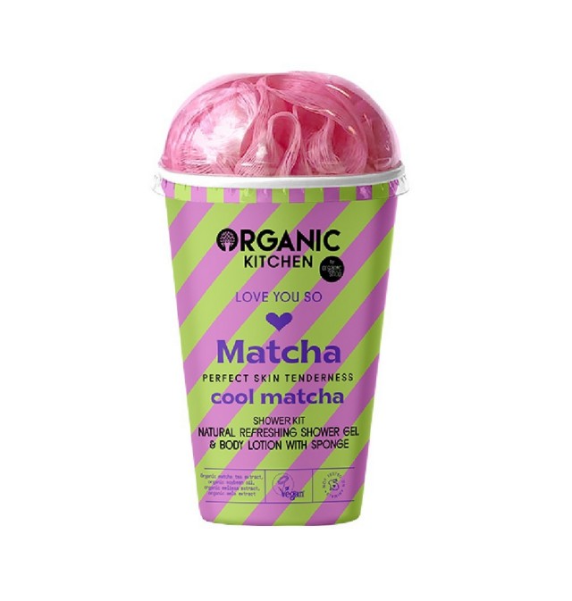 Organic Kitchen Cool Matcha Shower Kit - Σετ Αναζωογονητικό Αφρόλουτρο 100ml & Λοσιόν Σώματος 100ml με Σφουγγάρι