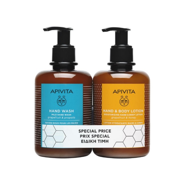 Apivita Set Mild Hand Wash Απαλό Καθαριστικό για τα Χέρια με Γκρέιπφρουτ & Πρόπολη 300ml + Hand and Body Lotion Ενυδατική Λοσιόν για τα Χέρια & το Σώμα με Γκρέιπφρουτ & Μέλι 300ml