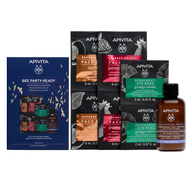 Apivita Set Bee Party-Ready Express Face Scrub Apricot 2x8ml + Express Face Mask Pomegranate Μάσκα Προσώπου Ρόδι για Λάμψη & Αναζωογόνηση 2x8ml + Express Eye Mask Μάσκα Ματιών Ginkgo Biloba για Μαύρους Κύκλους και Σημάδια Κούρασης 2x2ml + Cleancing Creamy