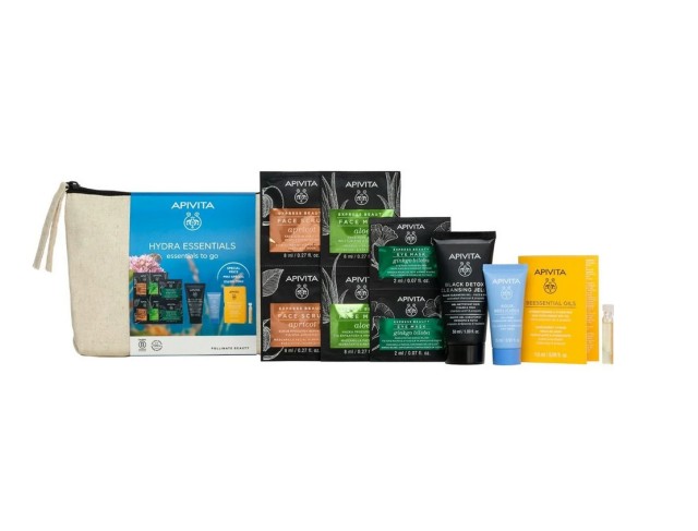 Apivita Set Hydra Essentials to Go Aqua Beelicious Oil Ελαφριάς Υφής 15 + Beessential Oil Έλαιο Προσώπου Ημέρας 1,6ml + Μαύρο Gel Καθαρισμού 50ml + Express Μάσκες Προσώπου Βερύκκο Αλόη 2x8ml + Express Μάσκα Ματιών Gingo Biloba 2x2
