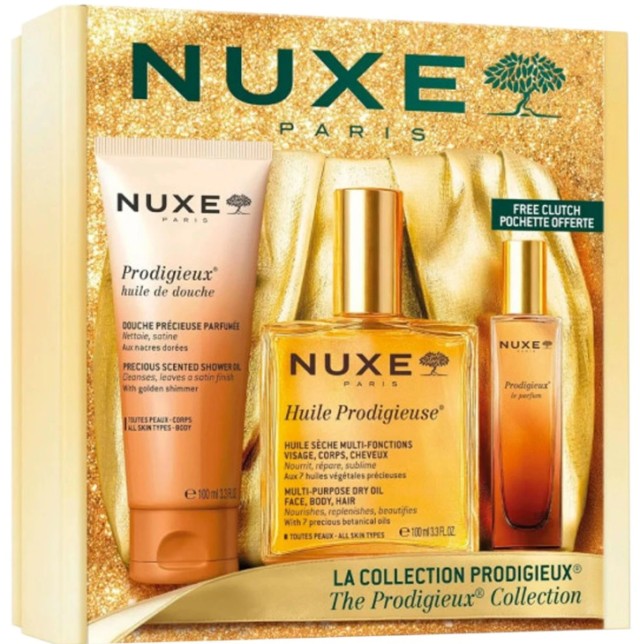 Nuxe Set The Prodigeux Collection- Huile Prodigieuse Ενυδατικό Λάδι για Πρόσωπο Σώμα & Μαλλιά 100ml + Prodigieux Huile de Douche Αφρόλουτρο Σώματος 100ml + Prodigieux Le Parfum Γυναικείο Άρωμα 15ml + Χρυσό Νεσεσέρ