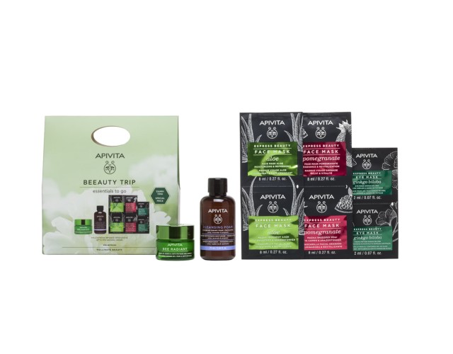 Apivita Set Beeauty Trip Essentials to go Bee Radiant Κρεμα-Gel 15ml + Cleansing Foam 75ml + Express Beauty Mask Aloe 2x8ml + Express Beauty Mask Pomegranate 2x8ml + Express Beauty Mask Gingko Biloba 2x2ml