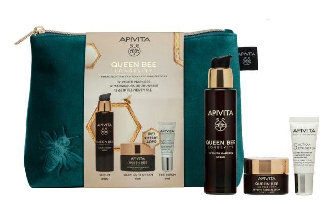 Apivita Promo Queen Bee Longevity Serum Ορός Προσώπου 30ml + Queen Bee Longevity Silky Light Cream Ελαφριά Μεταξένια Κρέμα 15ml + 5 Action Eye Serum Ορός Ματιών 5ml + Νεσεσέρ
