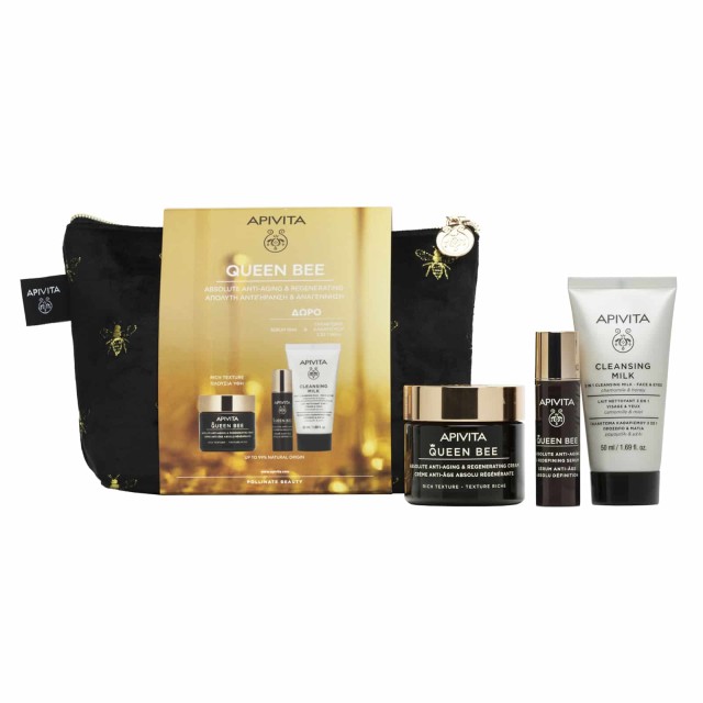 Apivita  Promo Queen Bee Absolute Anti Aging & Regenerating Cream Πλούσιας Υφής 50ml & Δώρο Serum Προσώπου 10ml & Cleansing Milk 3 in 1 50ml