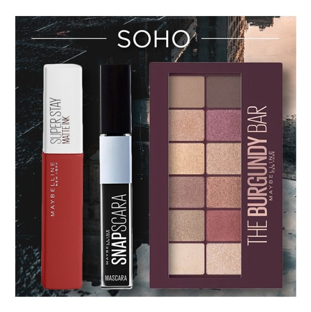 Maybelline Set Get the Look Soho The Burgundy Bar Eyeshadow Palette 9,6gr + Snapscara Mascara 01 Pitch Black 9,5ml + Superstay Matte Ink Lipstick 118 Dancer 5ml