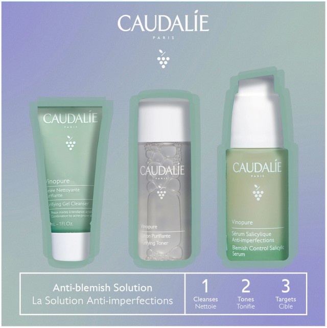 Caudalie Set Vinopure Anti-Blemish Solution Blemish Control Salicylic Serum Ορός Προσώπου για Ακμή 30ml + Δώρο Purifying Gel Cleanser Tζελ Καθαρισμού 30ml + Purifying Toner Τονωτική Λοσιόν Προσώπου 50ml