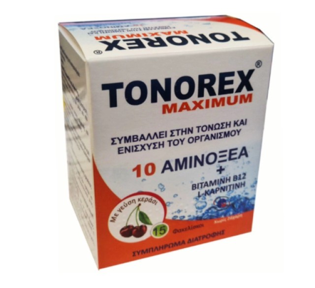 Medichrom Tonorex Maximum για Τόνωση+Ενίσχυση του Οργανισμού με 10 Αμινοξέα Βιταμίνη Β12 & L-Καρνιτίνη με Γεύση Κεράσι 15 Sachets