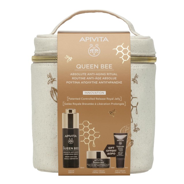 Apivita Set Queen Bee με Queen Bee Serum Αντιγηραντικός Ορός Προσώπου 30ml + Δώρο Queen Bee Αντιγηραντική Κρέμα Ελαφριάς Υφής 15ml + Κρέμα Ματιών 5ml + Nεσεσέρ 1τμχ