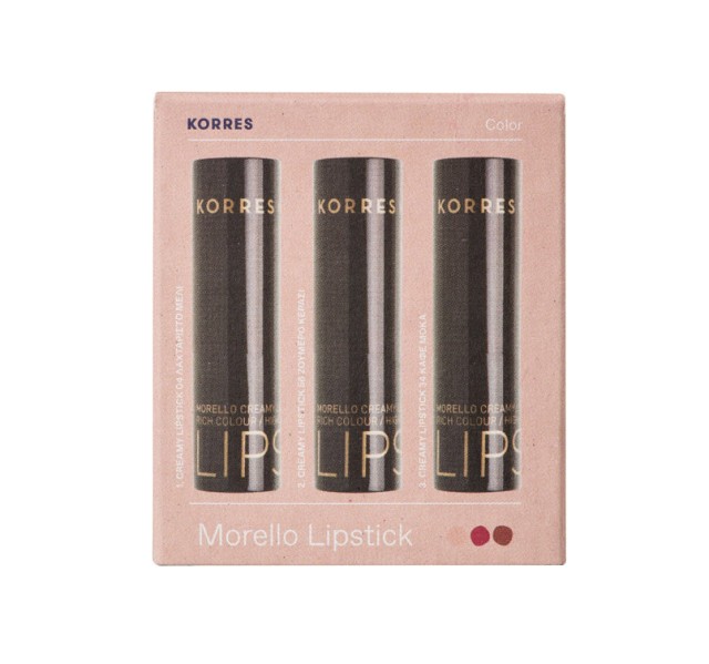 Korres Set Morrello Lipstick Creamy Lipstick 04 Λαχταριστό Μελί 3,5g + 56 Ζουμερό Κερασί 3.5g + 34 Kαφέ Μόκα 3.5g -50%
