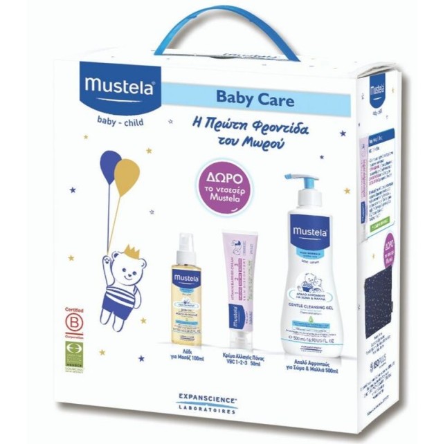 Mustela Set Baby Care Gentle Cleansing Gel 500ml + Κρέμα Αλλάγής Πάνας VBC1-2-3 50ml + Λάδι για Μασάζ 100ml + Δώρο Νεσεσέρ Mustela 1τμχ