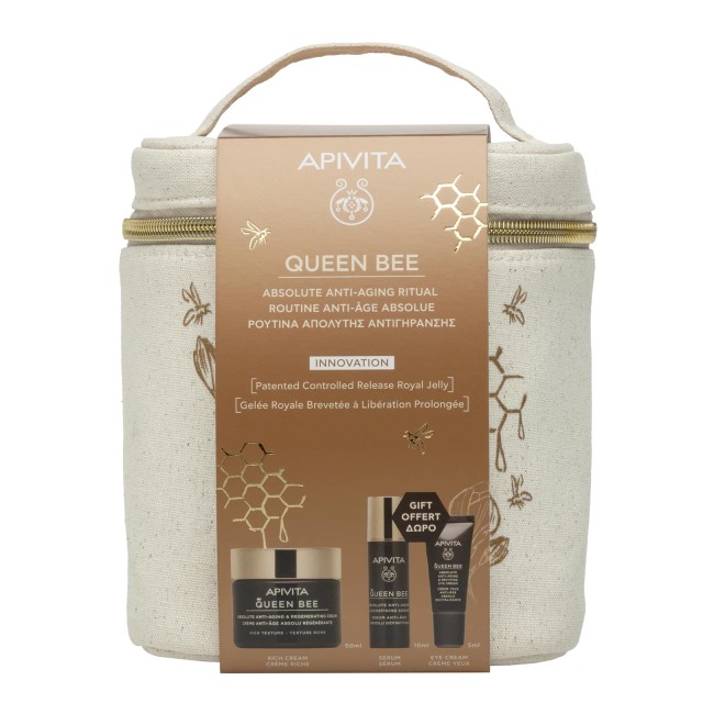 Apivita Set Queen Bee Absolute Anti-Aging & Regeneration Cream Αντιγηραντική Κρέμα Πλούσιας Υφής 50ml+ Δώρο Queen Bee Αντιγηραντική Κρέμα Πλούσιας Υφής 15ml + Κρέμα Ματιών 5ml + Nεσεσέρ 1τμχ