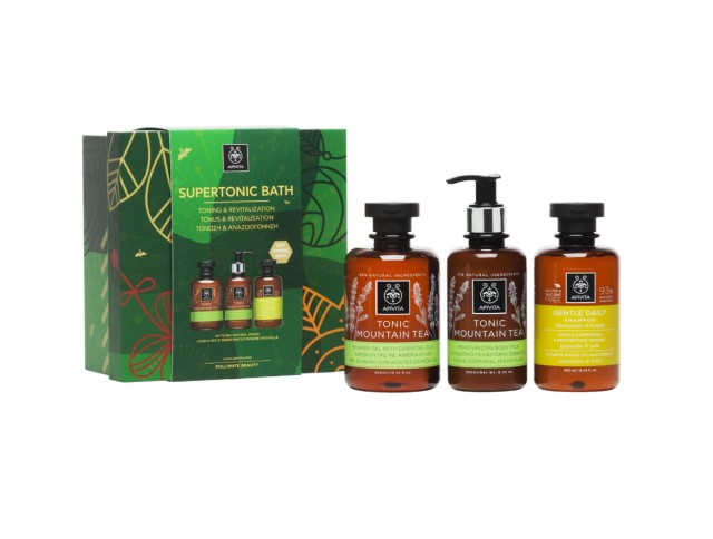 Apivita Set Supertonic Bath Tonic Mountain Tea Shower Gel 300ml + Tonic Mountain Tea Body Milk 200ml + Δώρο Σαμπουάν Χαμομήλι & Μέλι 250ml