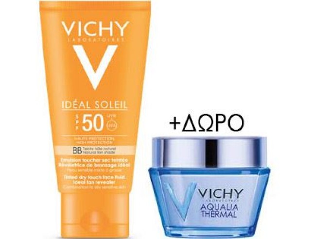 VICHY Ideal Soleil Αντηλιακή Κρέμα Προσώπου SPF50 για Ματ Αποτέλεσμα με Χρώμα 50ml + ΔΩΡΟ Aqualia Thermal Light 15ml