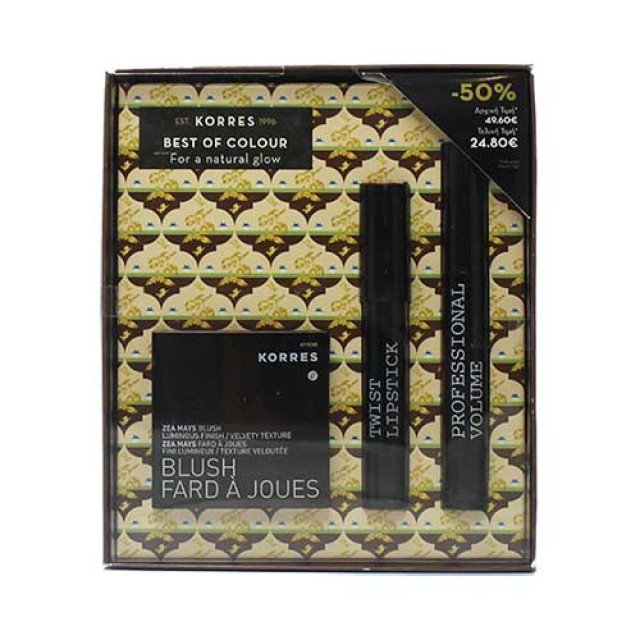 Korres ΣΕΤ NATURAL GLOW Zea Mays Blush 21 Rose + Rasberry Twist Lipstick Grace + Black Volcanic Minerals Mascara 3D Volume 01 Black