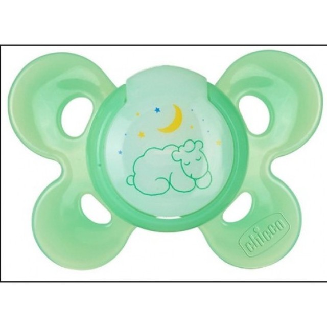 Chicco Physio Comfort Night 6-12m Εργονομική Πιπίλα Νύχτας με Θηλή Σιλικόνης, Πράσινο Χρώμα & Θήκη που αποστειρώνεται